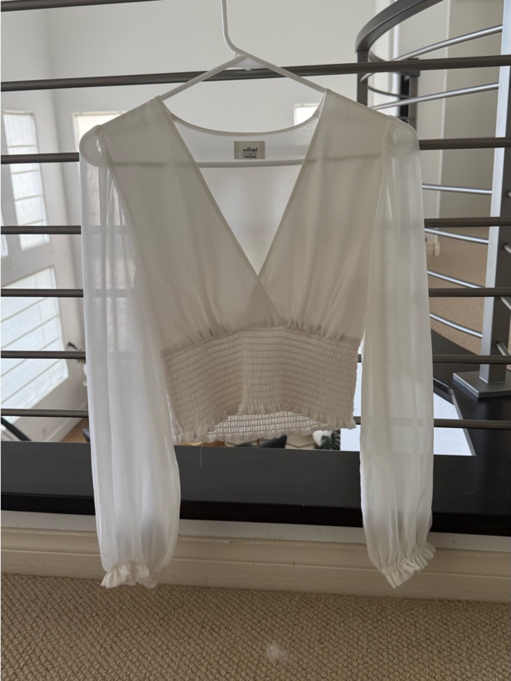 Aritzia Ivory Smocked Waist Sheer V-Neck Blouse
